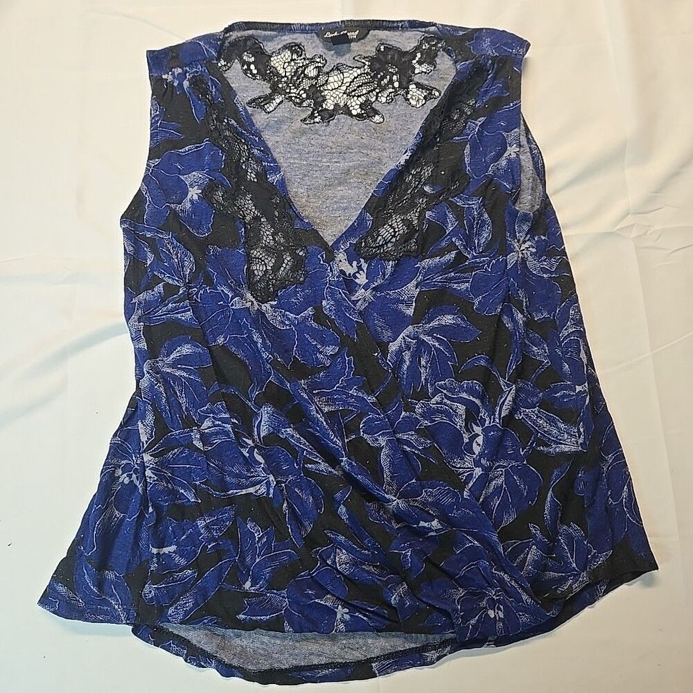 Lucky Brand Sleeveless Top Womens Lace Floral Blouse S Blue Black Dark Fairycore